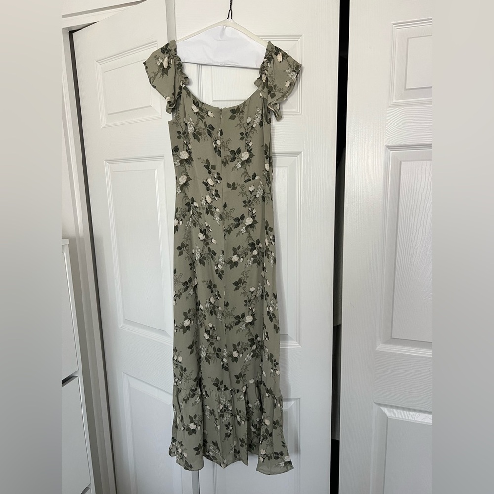 Reformation Sage Green Floral Off-Shoulder Midi Dress - Picture 3 of 5